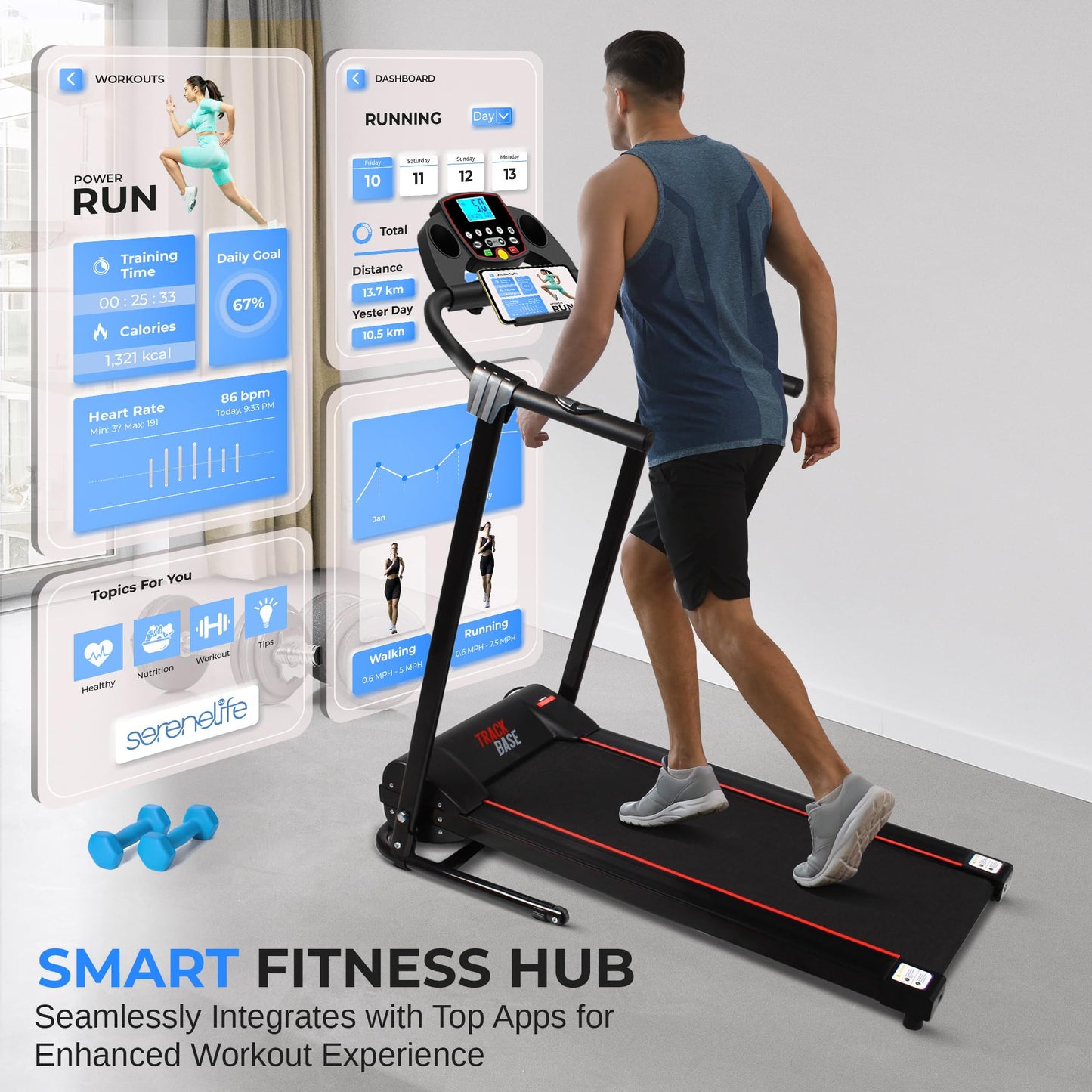 SereneLife Electric Folding Treadmill - Foldable Home Fitness Equipment for Walking & Running, Indoor Home Cardio Machine with Downloadable App, Safety Key, 12 Training Modes, Bluetooth Connectivity