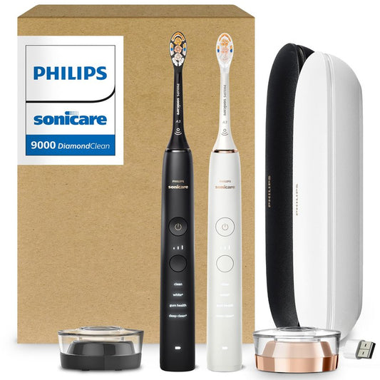 Philips Sonicare DiamondClean Connected Electric Toothbrush 2 Pack, x2 Sonic Toothbrushes, x2 Charging Travel Cases, x2 A3 Brush Heads, 12 Brushing Settings