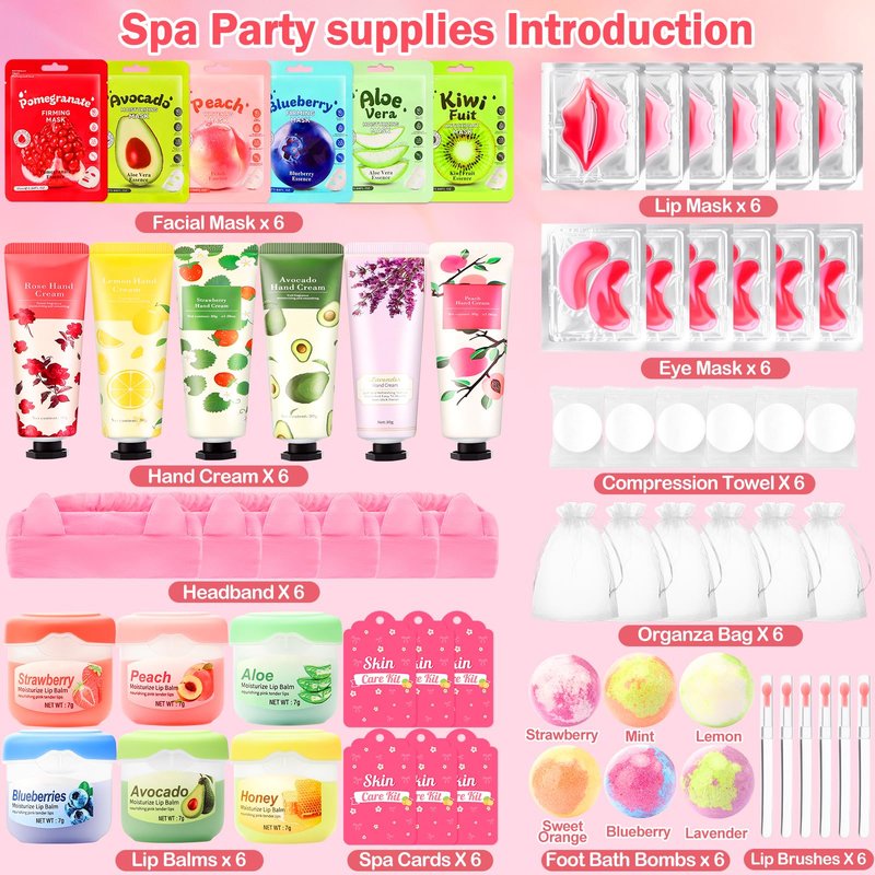 Ponhey 66 PCS Spa Party Supplies, Spa Party Favors Include Face Masks Skincare, Hand Cream, Lip Balm, Under Eye Patches, Lip Mask and Foot Bath Bombs, Spa Birthday Sleepover Party Supplies