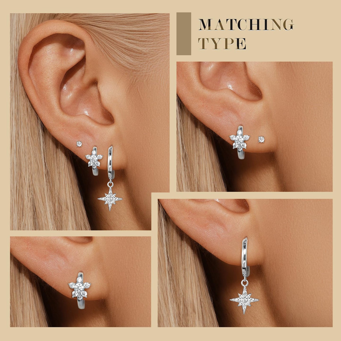 3 Pairs 925 Sterling Silver Earrings Set for Women, Hypoallergenic Silver Huggie Hoop Star Earrings Trendy, Cubic Zircon Studs Cartilage Silver Earring Stacks, Jewelry for Women Gifts