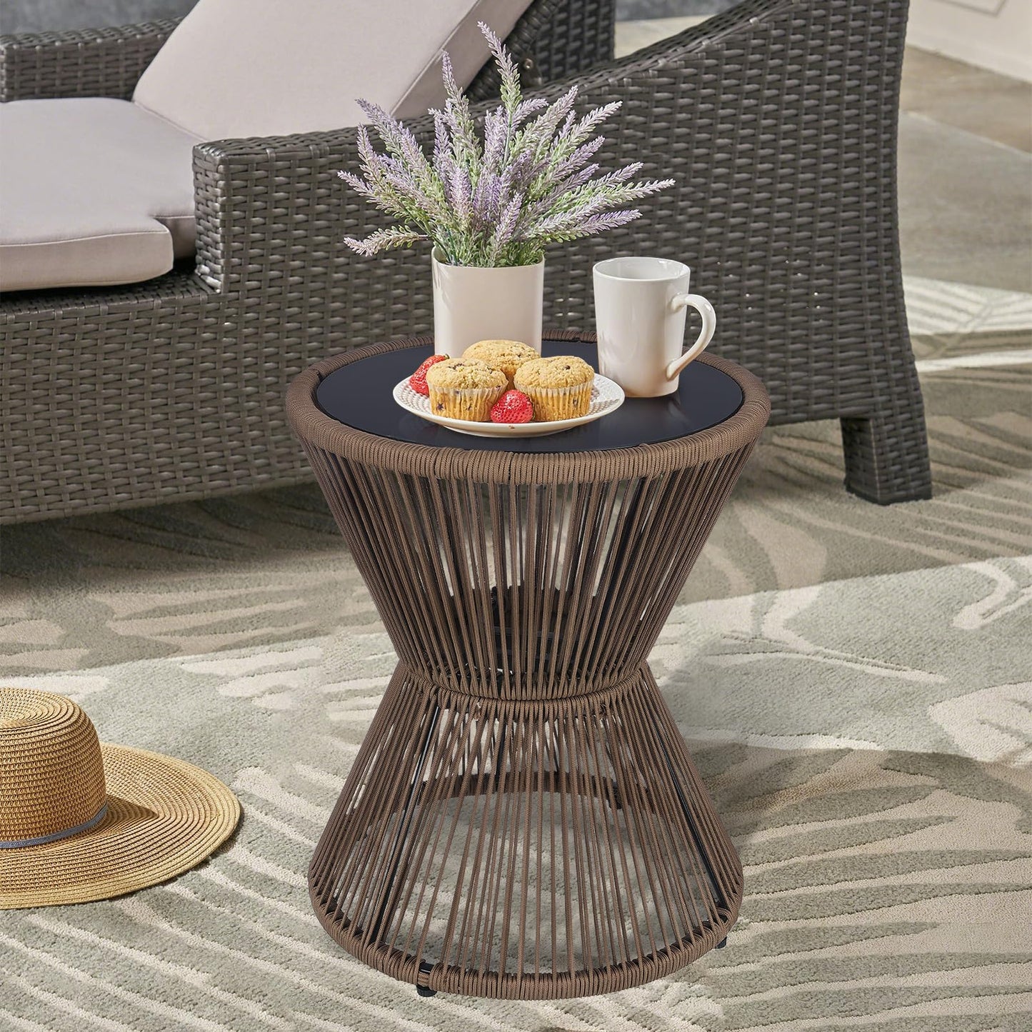 SUNNYPARK Outdoor Side Table 20'' H Small End Tables Woven Rope Weather Resistant with Glass Top Round Coffee Table for Indoor Balcony Patio Poolside (Brown)