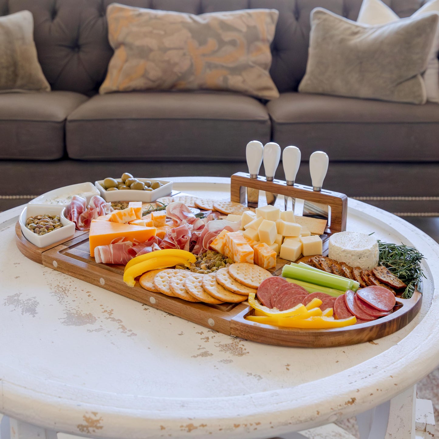 Large Wooden Charcuterie Board Set (Oil Finish) - 3-Piece Magnetic Long Serving Board Tray with Charcuterie Accessories - Acacia Wood Cheese Platter with Cheese Knife Set & Ceramic Dishes - Brown