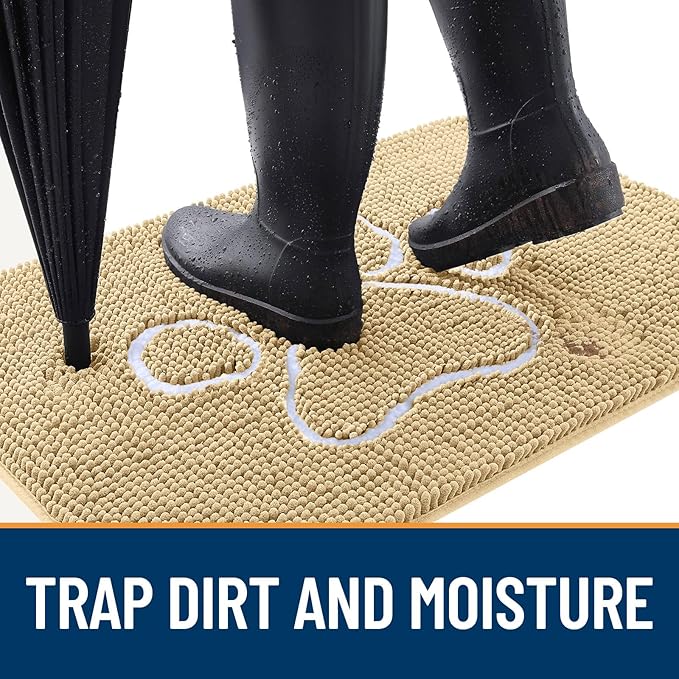 OLANLY Dog Door Mat for Muddy Paws 54x32, Paw Print Design, Absorbs Moisture and Dirt, Absorbent Non-Slip Washable Doormat, Quick Dry Chenille Mud Mat for Dogs, Entry Indoor Entryway Carpet, Beige