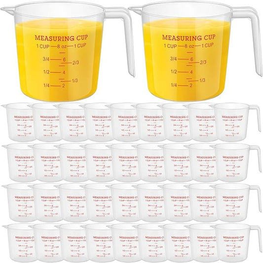 Kanayu 36 Pcs Plastic Measuring Cup Clear Measuring Mug with Spout and Handle Grip Capacity Clear Graduated Pitcher for Kitchen Flour Water Liquids (Red,8 Oz, 1 Cup)