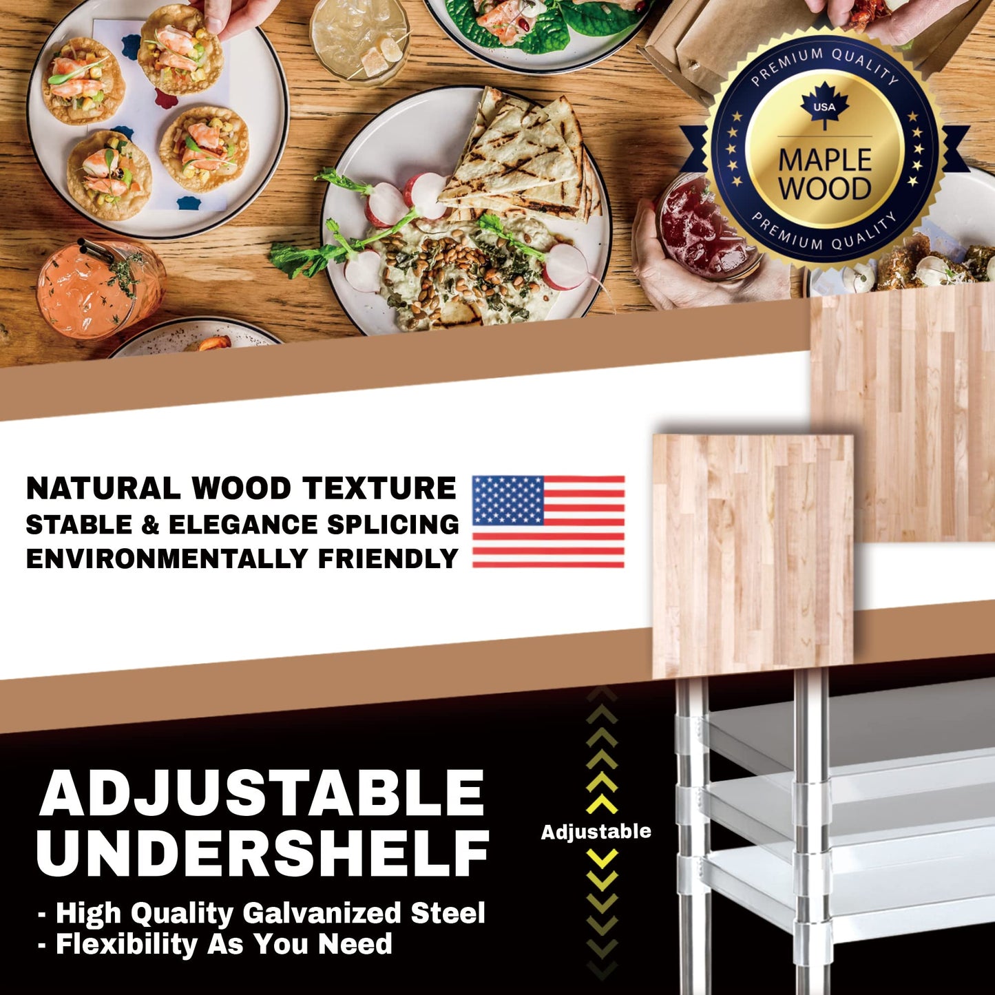 US Maple Top Work Table - 24 x 36 x 35 Inch Commercial Butcher Block Wooden Workbench with Adjustable Lower Shelf - Fits Restaurant, Warehouse, Home, Kitchen, Garage by DuraSteel