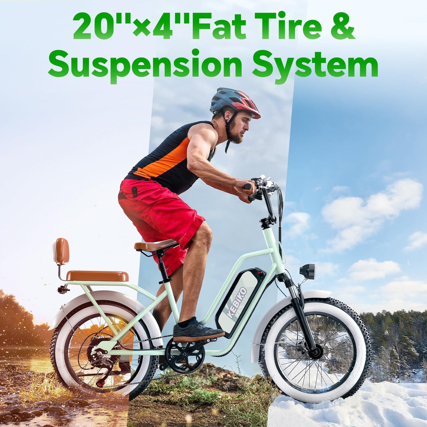 2 Seater Electric Bike, 1300W Peak (750W) Motor Ebike, 48V 20AH Removable Battery, 20"x 4.0" Fat Tire Electric Bike, Commuter Electric Bicycle for Adults,with Folding Basket, Green
