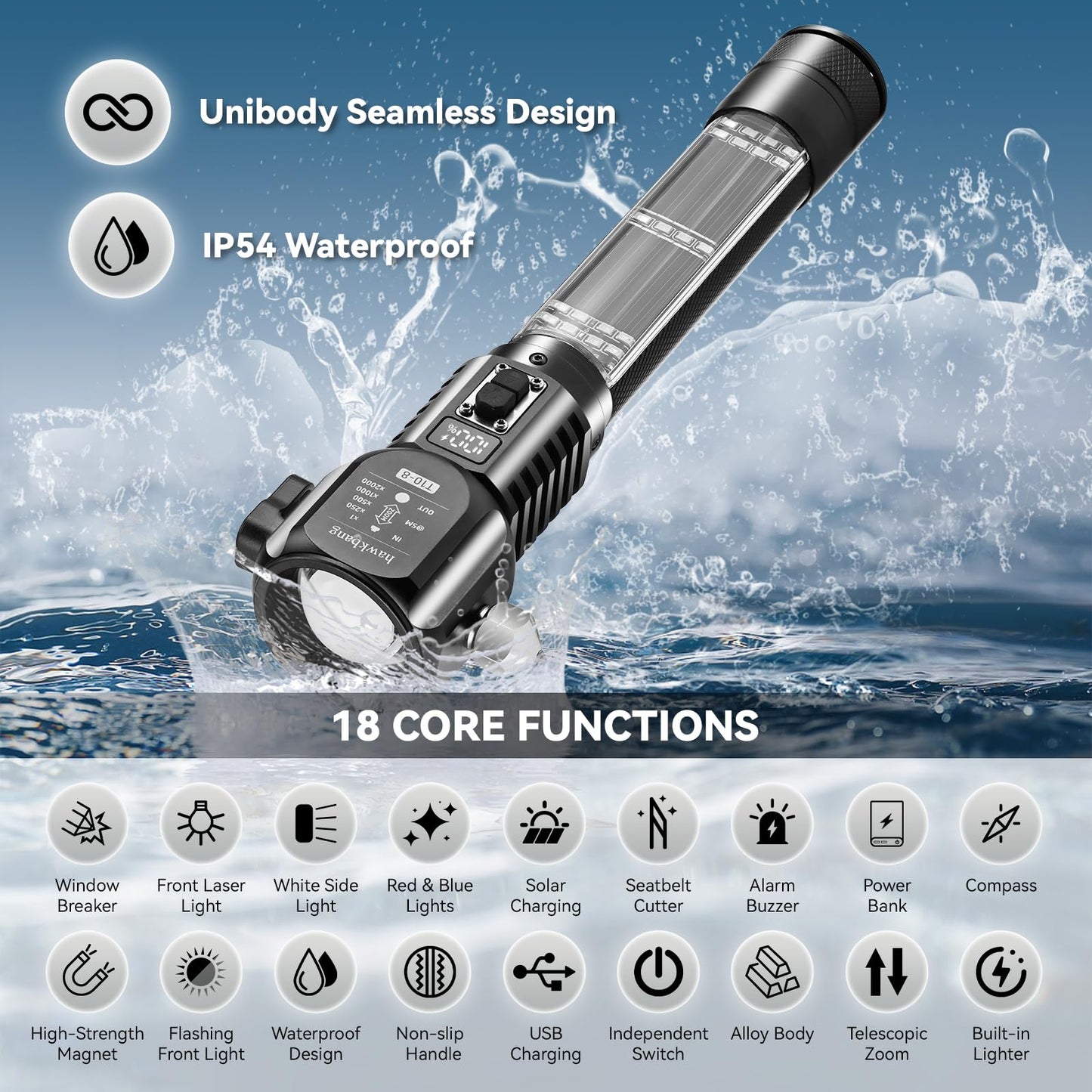 hawkbang 18-in-1 Solar/USB Rechargeable Car Emergency Flashlight Tool - Auto Safety Hammer Glass Breaker, Seatbelt Cutter, Flameless Fire Starter, SOS Alarm, Power Bank, Survival Gear, Driver Gifts