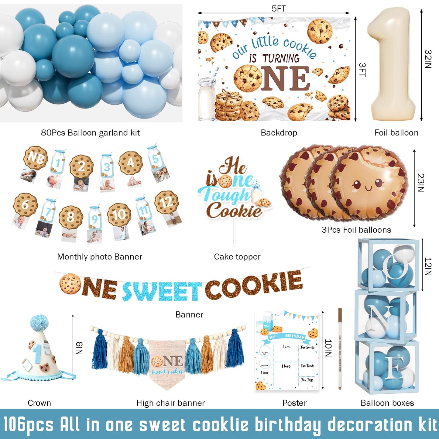 Costova Milk and Cookies 1st Birthday Decorations, 106 PCs One Sweet Cookie Birthday Supplies with Backdrop, Balloon Garland, Cake Topper, Hat for One Year Old Boy Party