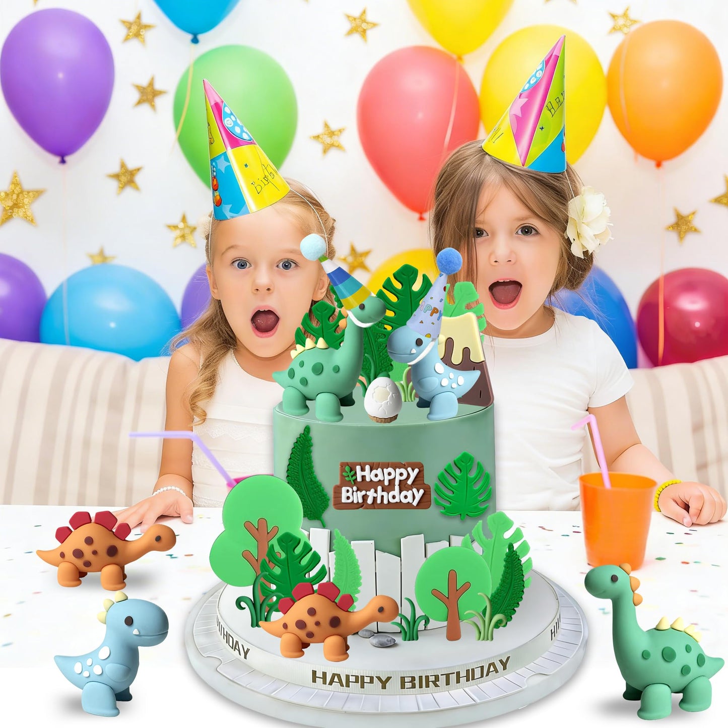 Simpfo-27 PCS Dinosaur Cake Topper, Birthday Decorations Set with Dinosaur Eggs, Jungle Leaves - Reusable Dinosaur Cake Decorations for Kids, Dino Theme Party Supplies for Boys Girls Toddler（Simpfo）