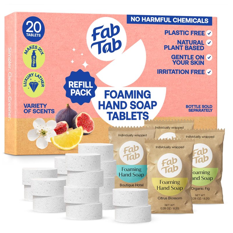 Fab Tab Foaming Hand Soap Refill Tablets, 20 Pack – Makes 238 fl oz – Plant-Based – Variety Scents (Citrus Blossom, Boutique Hotel, Pure Elegance, Organic Fig) – Works with Any Foaming Dispenser