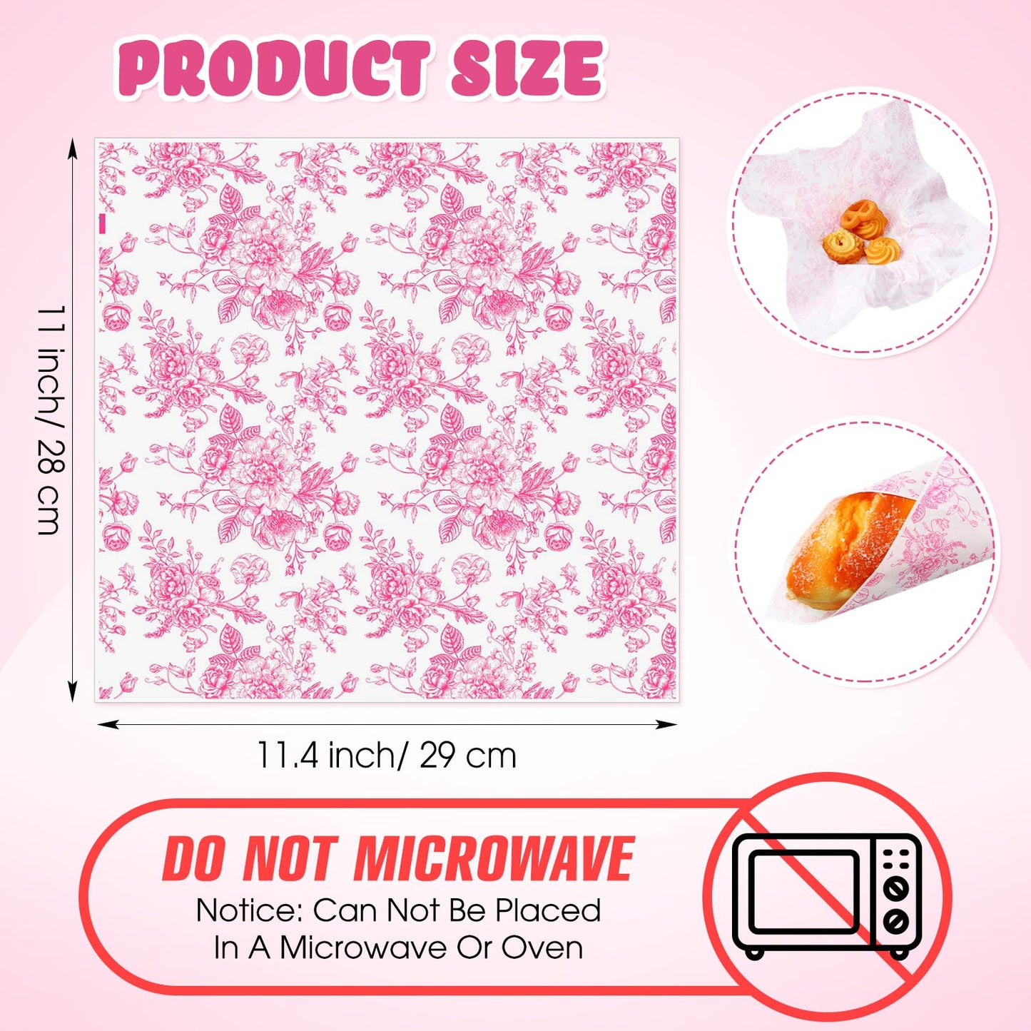 Marspark 100 Sheets Floral Wax Paper for Food Wrapping 11.4 x 11 Inches Spring Floral Food Basket Parchment Paper for Picnic Wedding Candy Cookies Baking Sandwich Burgers Greaseproof Wrapping(Pink)