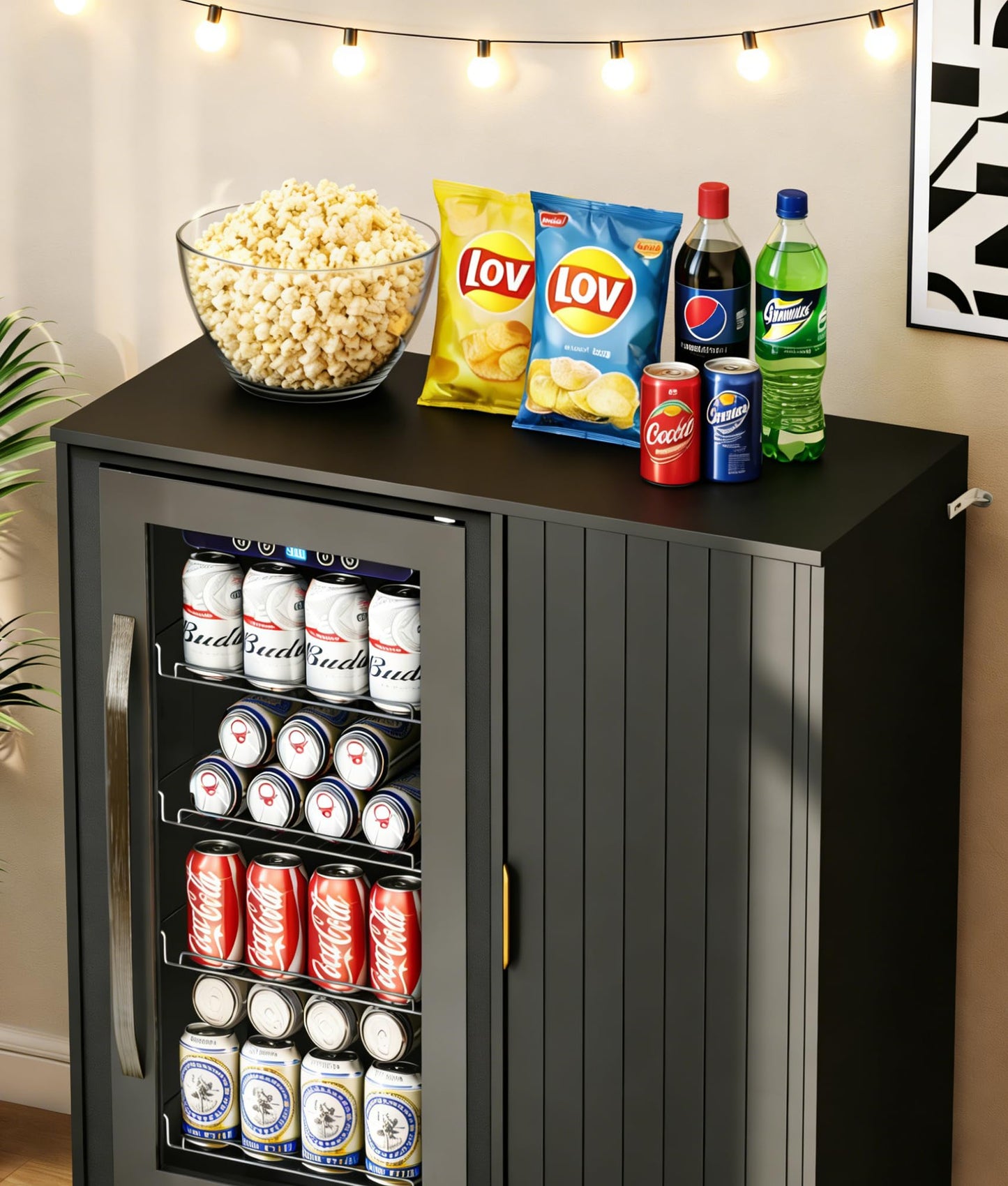 Lamtor Coffee Bar with Mini Fridge Space - Snack Bar Cabinet with Power Outlet, Fluted Mini Fridge Cabinet with Adjustable Shelf for Kitchen Dining Room Living Room, Black