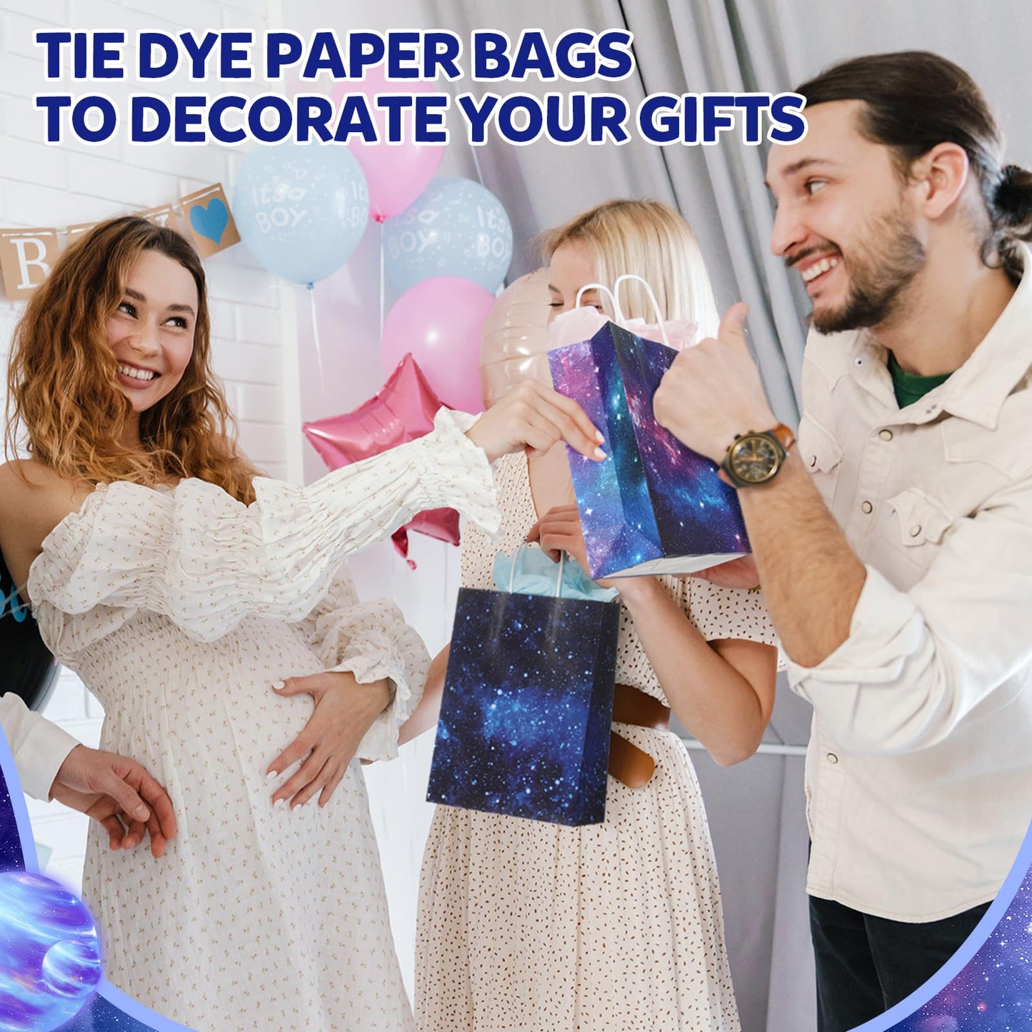 Gaillty 24 Pcs Galaxy Party Favor Bags Starry Sky Goodie Gift Bags with Handles Kraft Paper Galaxy Treat Candy Totes for Space Stars Themed Birthday Party Supplies Decorations