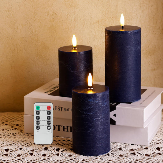 AFINETH Navy Blue Flameless Candles, Real Wax Battery Operated Candles with Remote, Flat Top Flickering LED Pillar Candles for Home Party Wedding Holiday Decor, Set of 3 (H 4" 5" 6" x D3)
