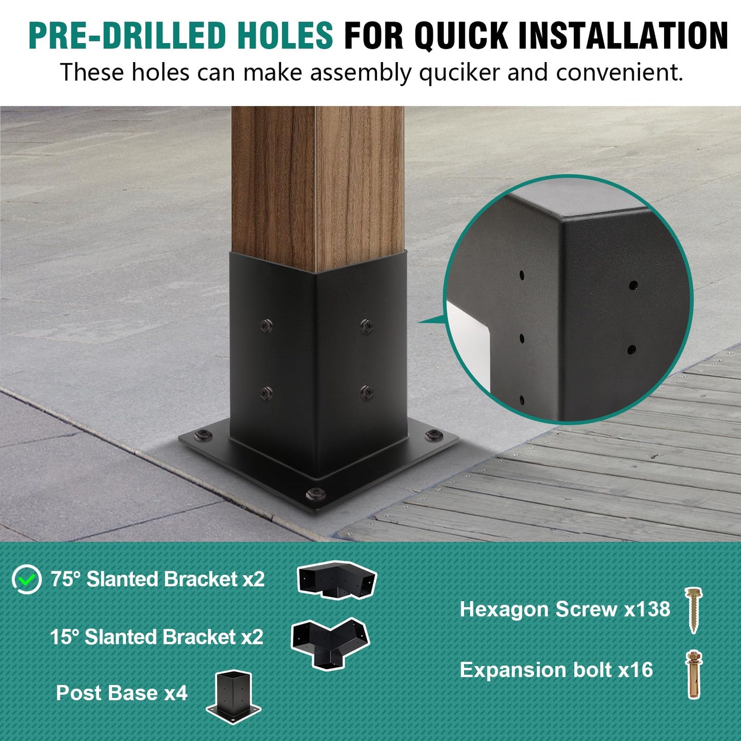 Kinchoix Pergola Brackets, 75° Pergola Brackets 15° Corner Bracket with Post Base Gazebo Kit for 4x4'' (Actual 3.5x3.5 in) Wooden Beams Lumber Gazebos Patio Sheds