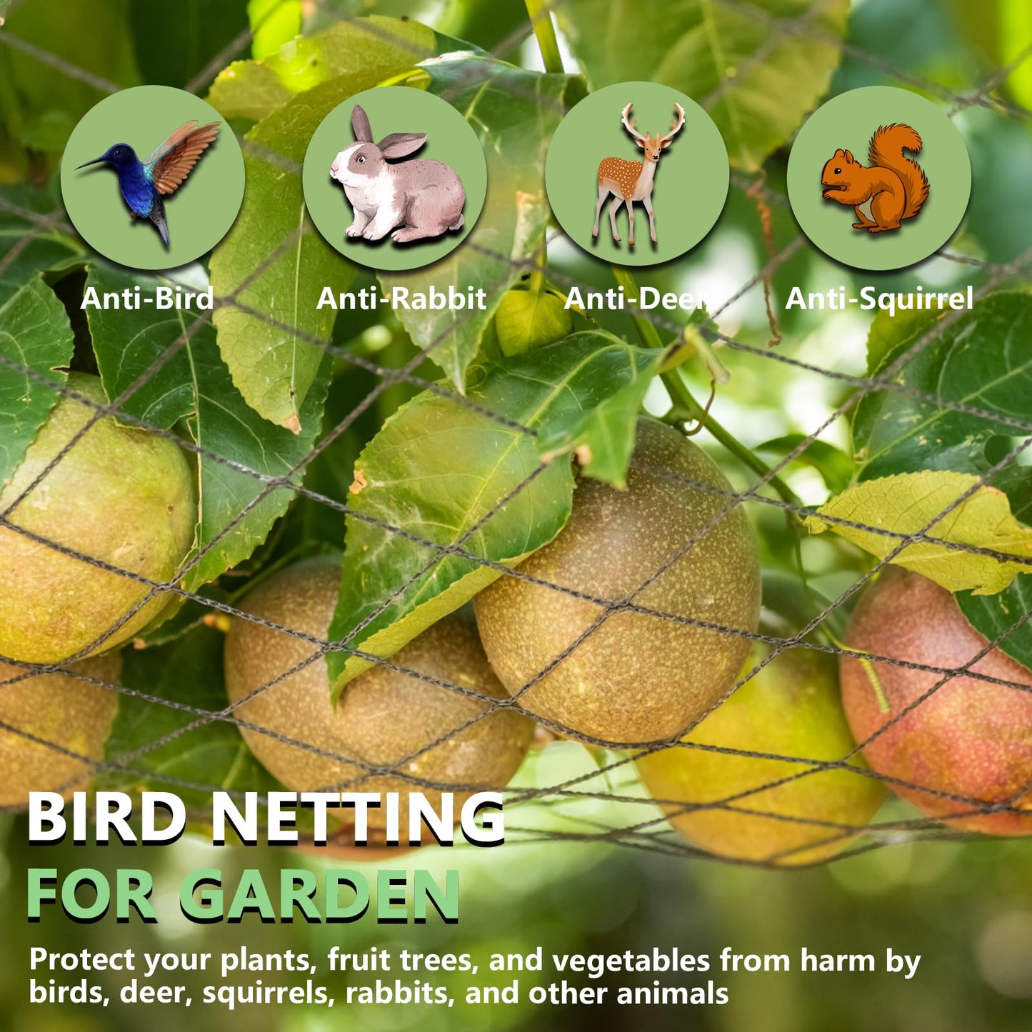 Bird Netting for Garden 7.5 x 65 FT Heavy Duty Black Garden Netting for Fruit Trees, Chicken Coop, Pond, Blueberry Bushes, Poultry & Deer Netting, HDPE Plant Protection Net Fence with Ties