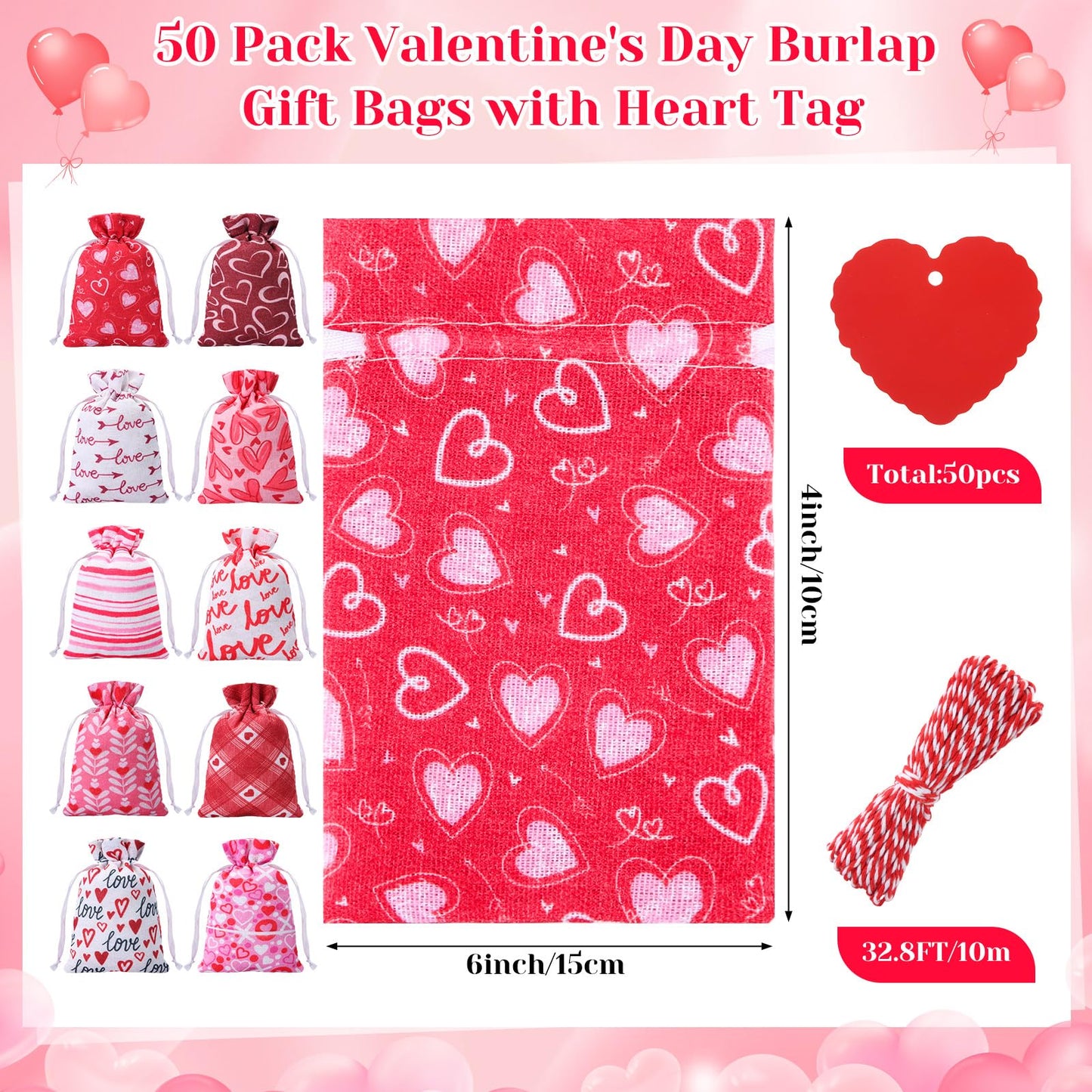 Sweetude 50 Pcs Valentine's Day Burlap Gift Bags with Heart Tag 4 x 6 Inch Small Drawstring Bags Reusable Goody Treat Pouches for Candy DIY Crafts Wedding Favors Party Supplies