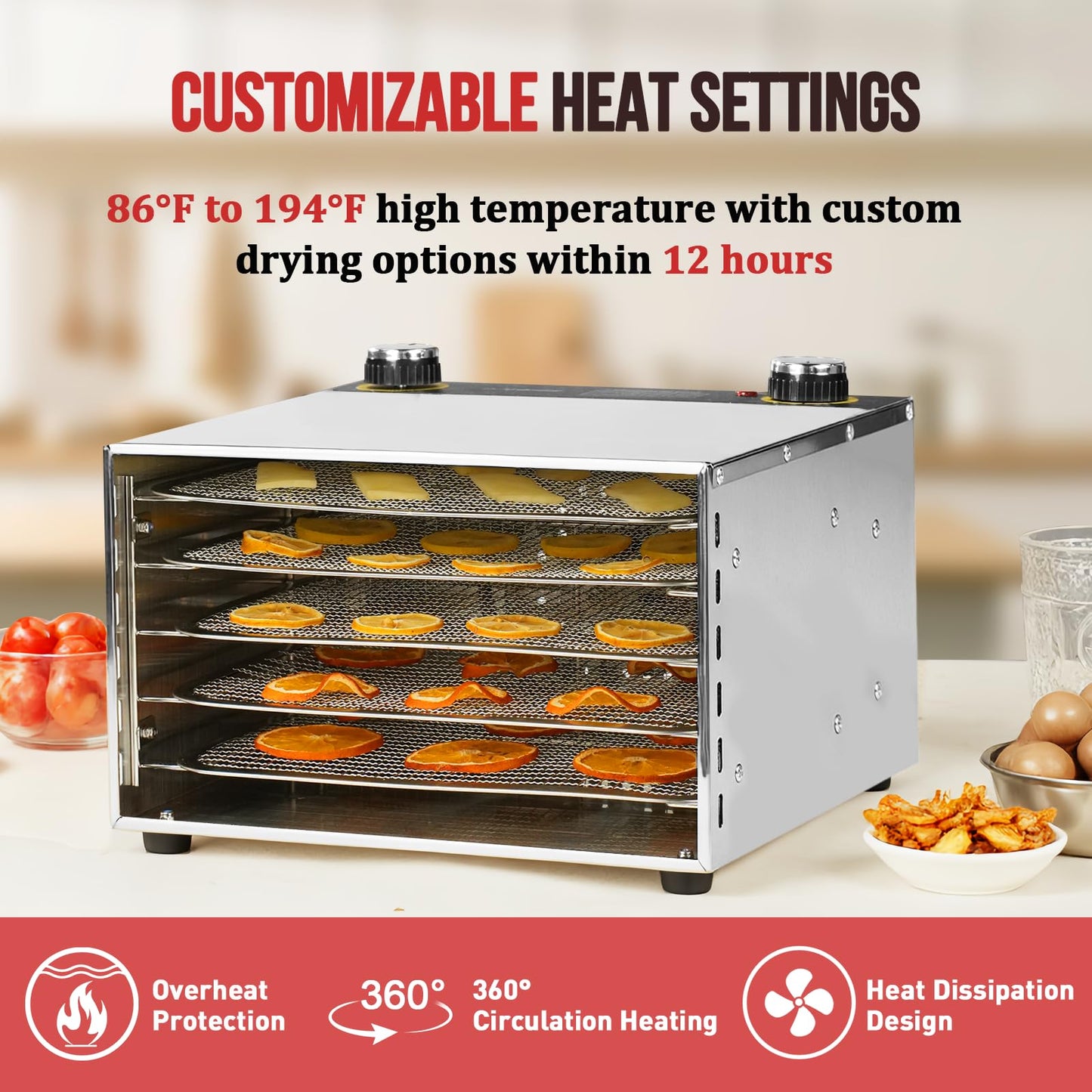 Food Dehydrator - 5 Stainless Steel Trays Dryer Machine with 194℉ Temperature Control & Adjustable Timer, 400W Meat Dehydrator for Jerky, Fruit, Veggies, Dog Treats, 50 Recipes Book Included