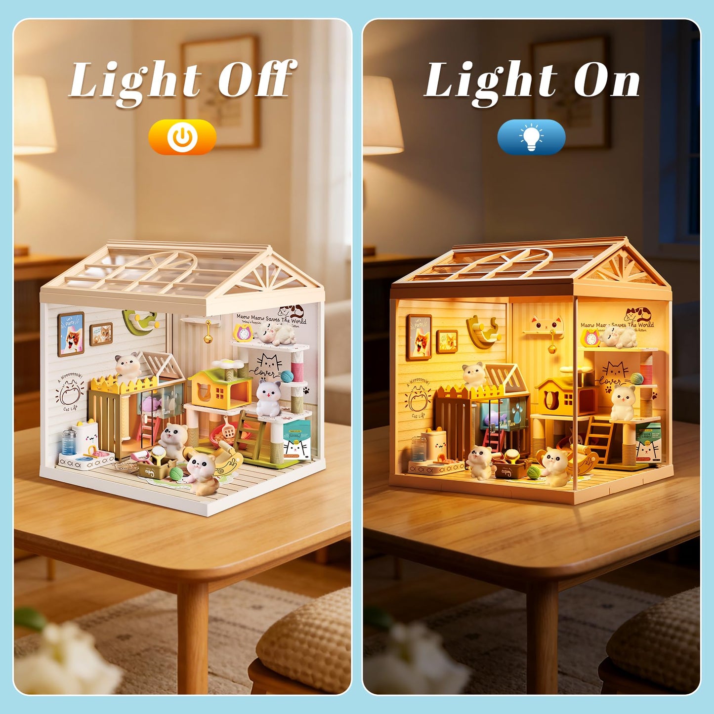 Loyratche DIY Pet Cat Miniature House Kit, Mini Dollhouse with Furniture & LED Light with Roof & Dust Covers Tiny House Toy for Adults