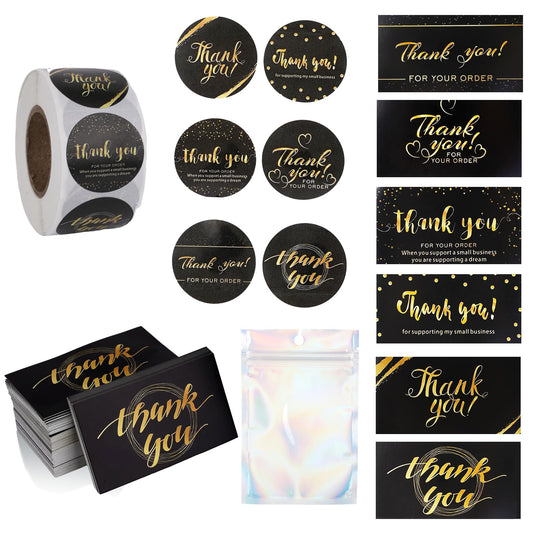 670Pcs Thank You Cards and Stickers Set- 500 Thank You for Supporting My Small Business Stickers & 120 Cards with 50 Resealable Packaging Bags, Small Business Essentials (Black)