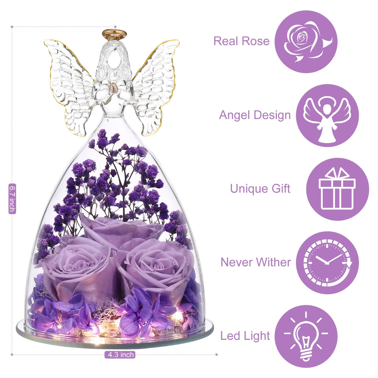 Tiaronics Mothers Day Mom Gifts for Women Preserved Flowers in Glass Angel Forever Flowers Gifts Eternal Roses Gifts for Grandma, Light Purple