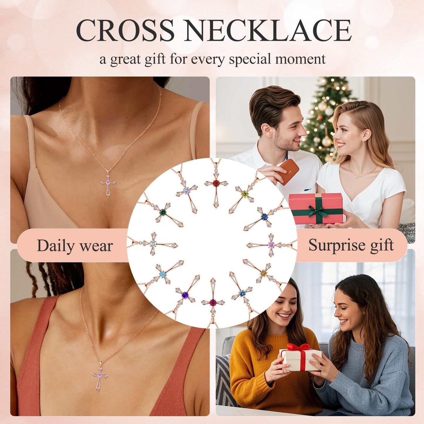QUALISE Cross Necklace for Women,925 Sterling Silver Birthstone Necklace,Pink -October Birthstone Cross Necklace,Faith Religious Fine Jewelry Valentines Day Gifts Birthday Holiday Gifts for Her