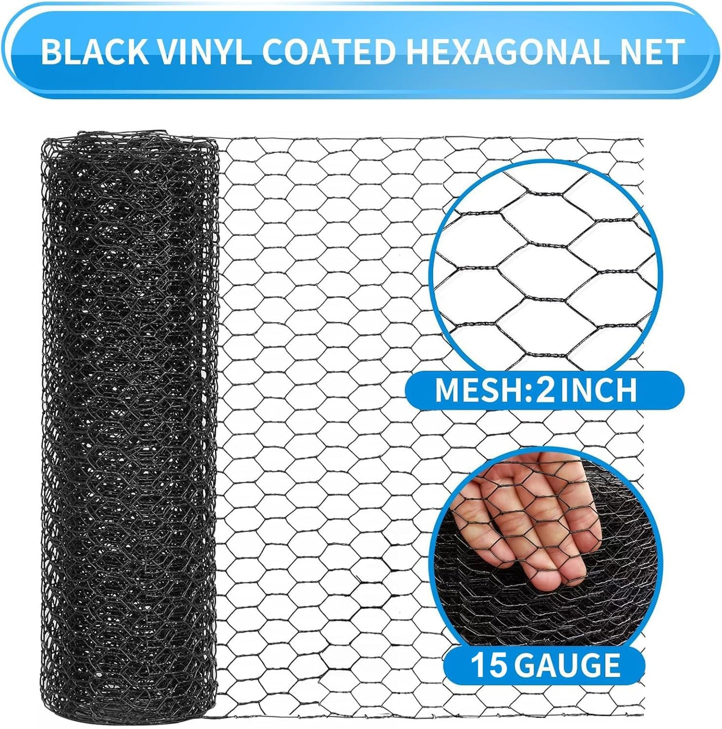 DOLEMODUO 24'' x 100' Black Chicken Wire Mesh Fence, 15 Gauge Poultry Netting and 2 inch Mesh Fence Roll, Chicken Wire for Floral Arrangements/Crafts/Farm/Livestock/Pet Protection