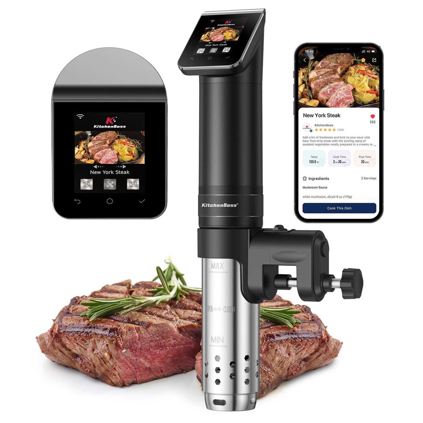 KitchenBoss WIFI Sous Vide Cooker: Ultra-Quiet Sous-vide Cooking Machine 1100 Watts Stainless Steel Immersion Circulator for Kitchen with TFT Preset Recipes (Black)