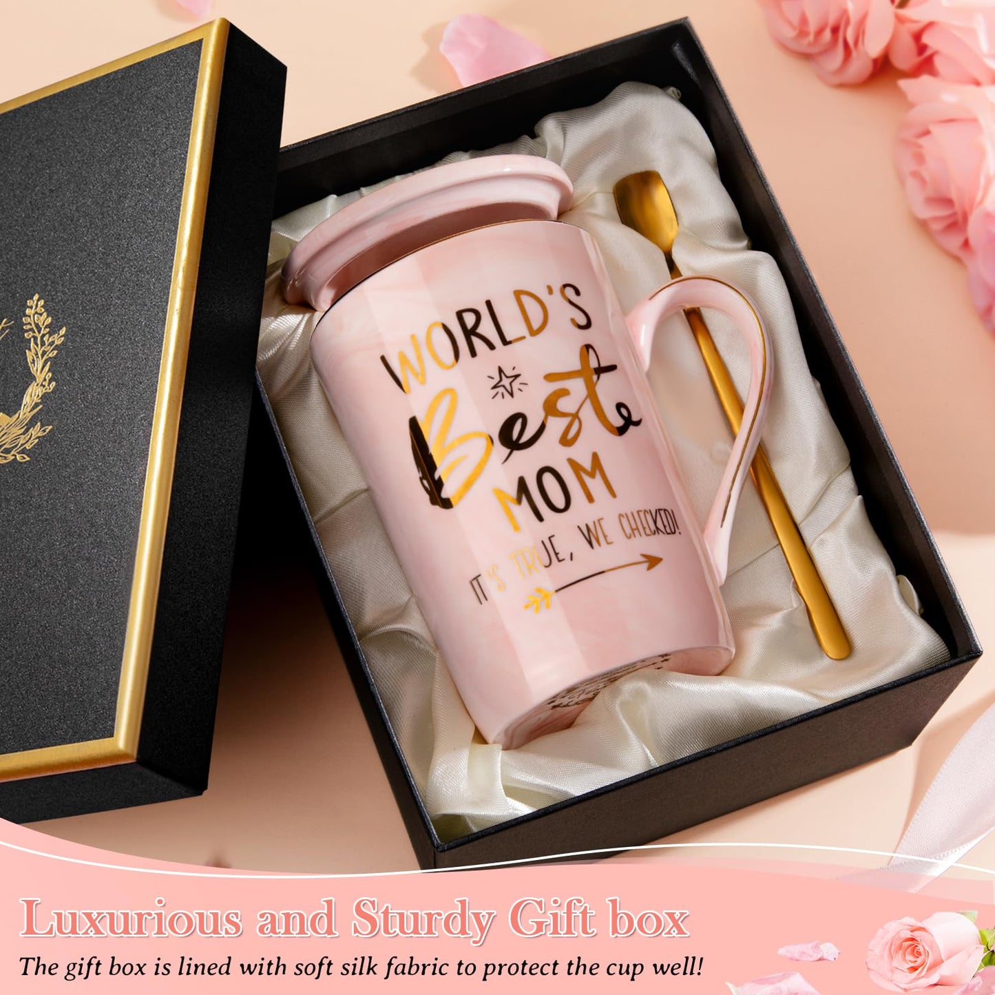 Mothers Day Birthday Gifts for Mom from Daughter Son - 14Oz Funny Best Mom Mug with Gold Print, Unique Pink Marble Coffee Cup with Lid Spoon Greeting Card, Happy Moms Gifts Idea, Luxury Gift Boxed Set