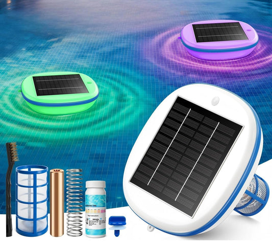 Aisdan Solar Pool Ionizer, 9.77 oz Upgraded Solar Panel Copper Pool Ionizer Floater Auto Switching of Multi-Colored LED Night Light, Ionizador Solar for Above Ground, Inground Pool, Up to 45,000 Gal