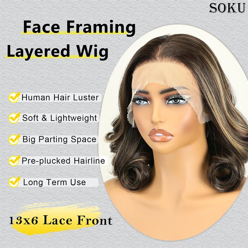 **SOKU 13x6 Lace Front Wavy Wig - 12 Inch Short Synthetic Wig for Black Women | Highlight Brown, Pre-Plucked, Glueless**
