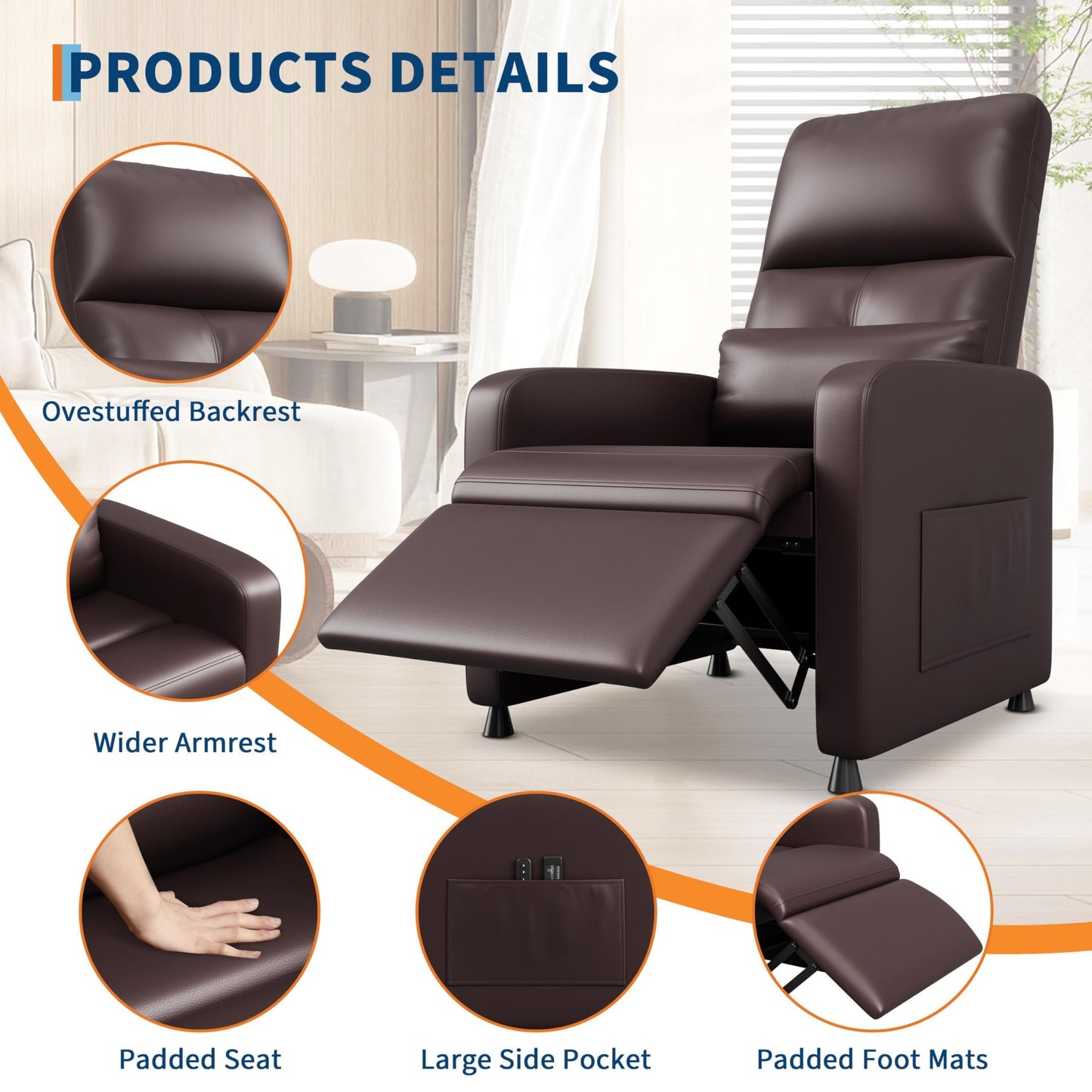 Electric Power Recliner Chair with Heat & Massage, Tall Back PU Leather Sofa, Ergonomic Padded Seat, Lumbar Support, 2 Side Pockets, USB, 370 lbs—Heated Recliner for Living Room