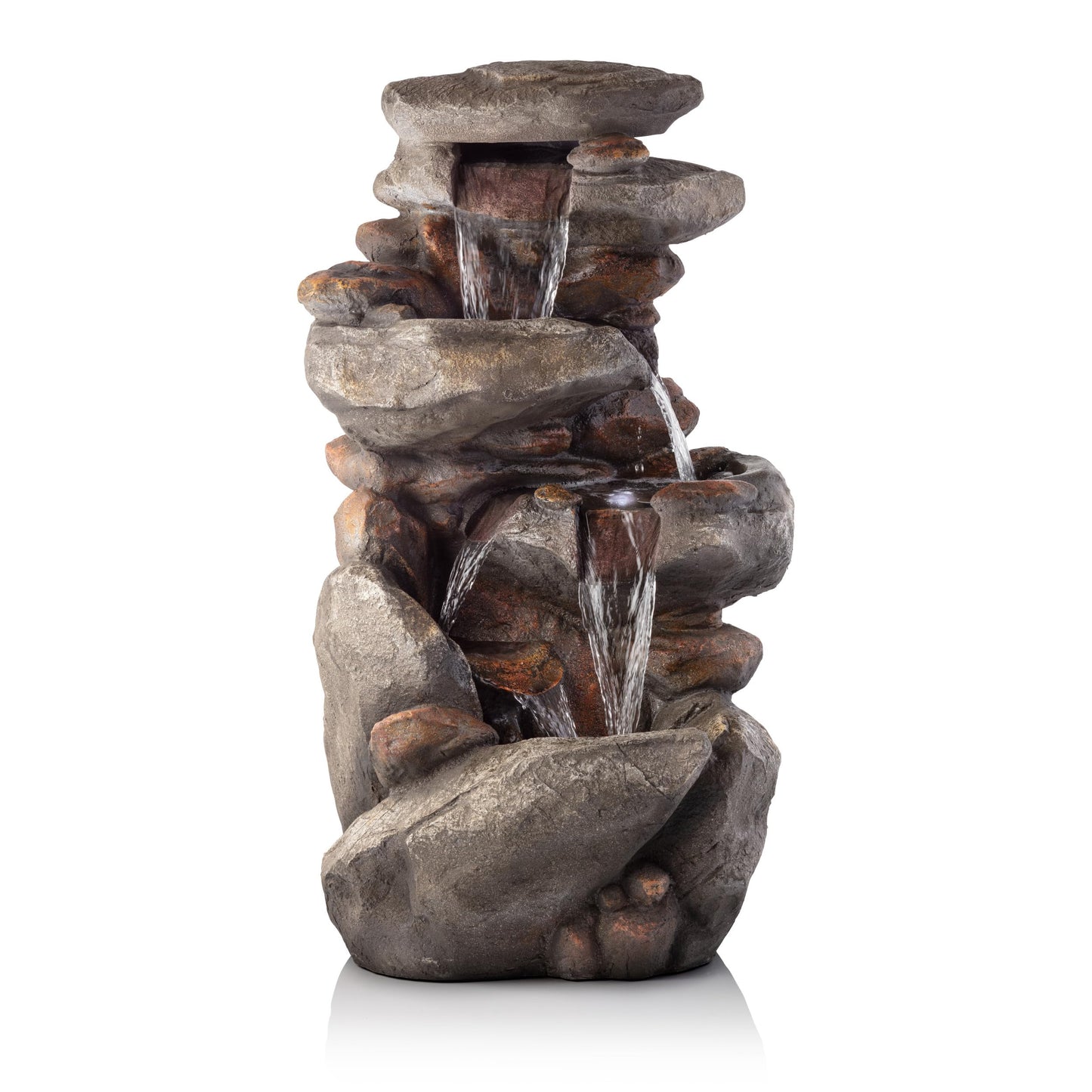 Alpine Corporation | 40" 4-Tier Rock Floor Fountain with Cascading Water & White LED Lights, Tranquil Outdoor Water Feature for Garden, Patio, Yard & Deck, Light Gray