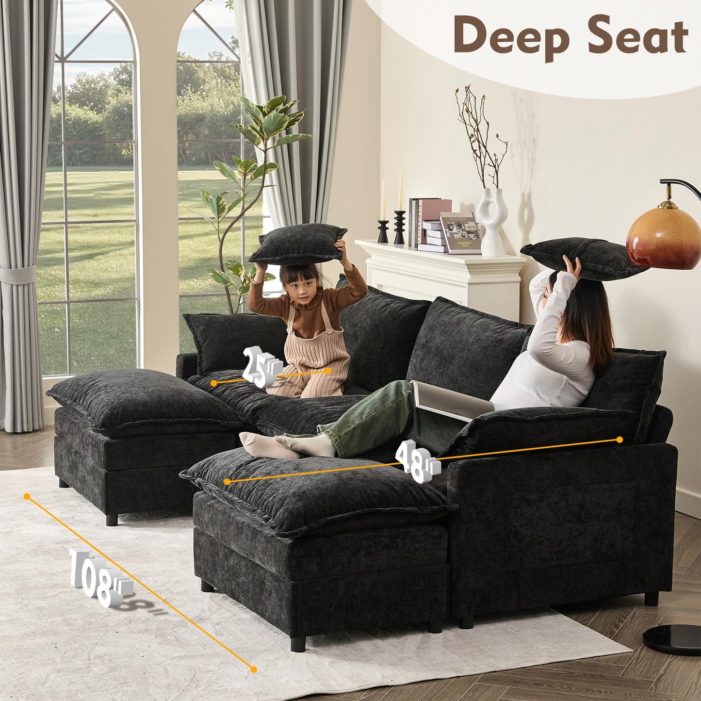 GOSUHI 108" U Shaped Couch, Modular Sectional Sofa, 3-Seater Comfy Cloud Couch, Set of Modular Pieces with Movable Ottoman, Deep Seat Couches for Living Room, Chenille, Black