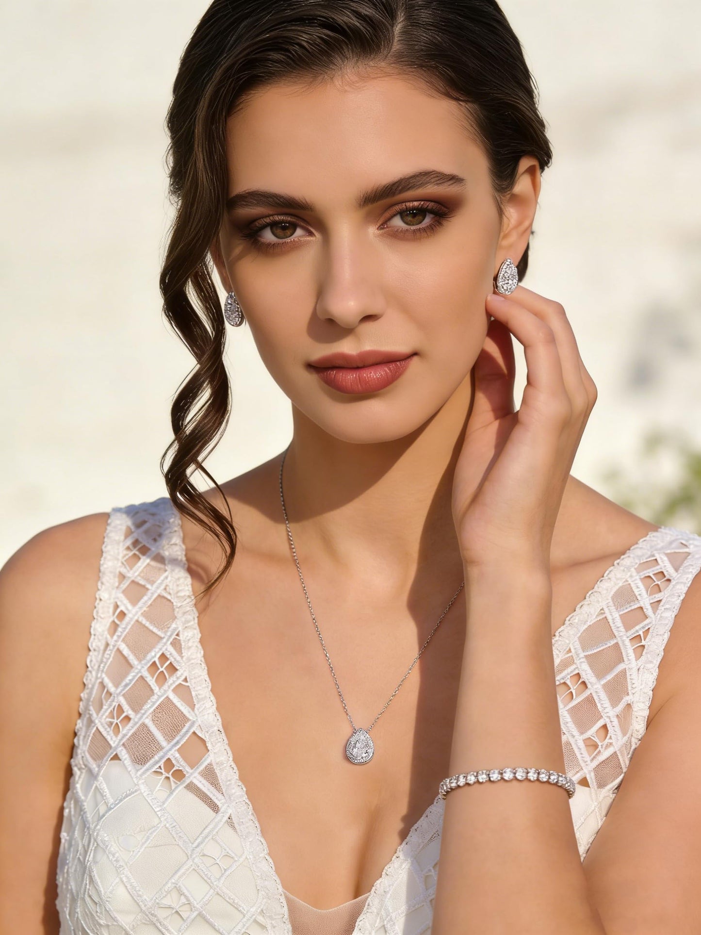 UDYLGOON Teardrop CZ Bridal Jewelry Set Imitation Diamond Earrings Necklace Bracelet for Bride Bridesmaids Wedding Prom Party (Tennis-Clear)