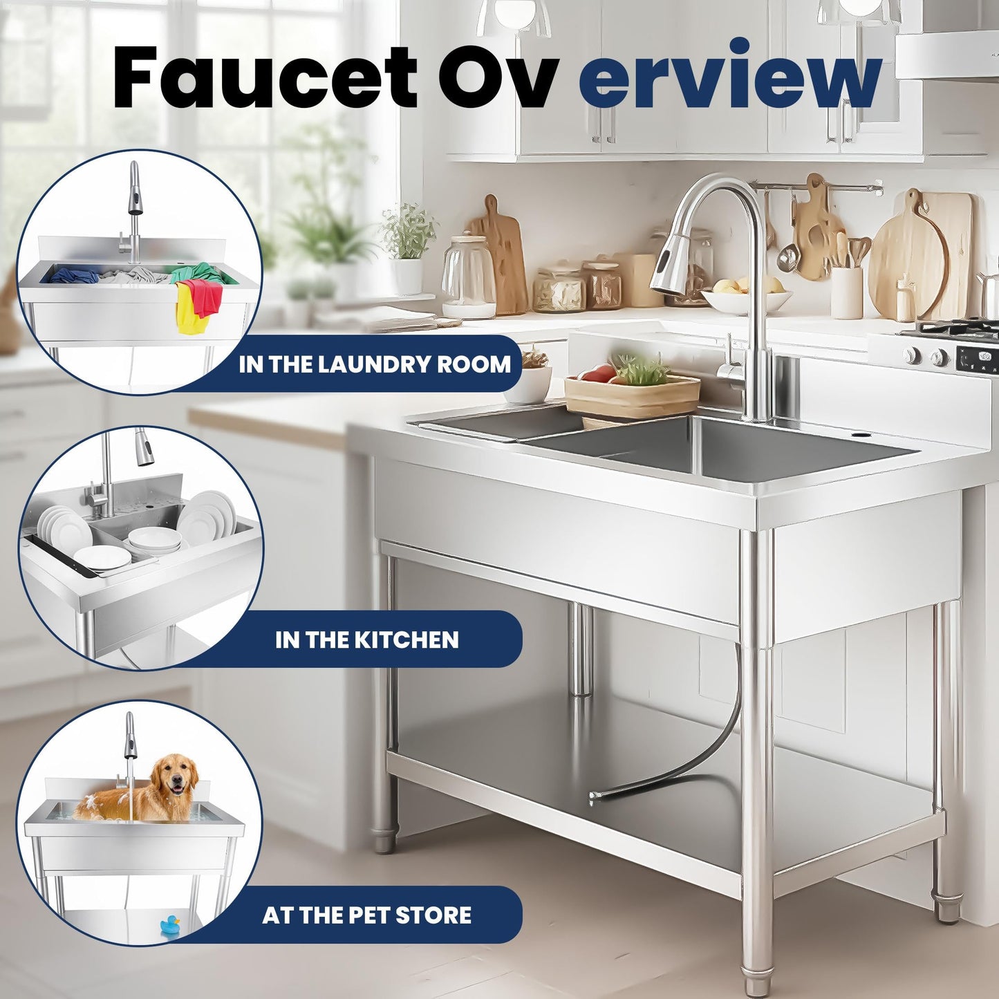 31 Inch Laundry Room Stainless Steel Utility Sink Single Bowl, with Retractable Hot & Cold Faucet, Hose and Drain Kit for Daily Household Use