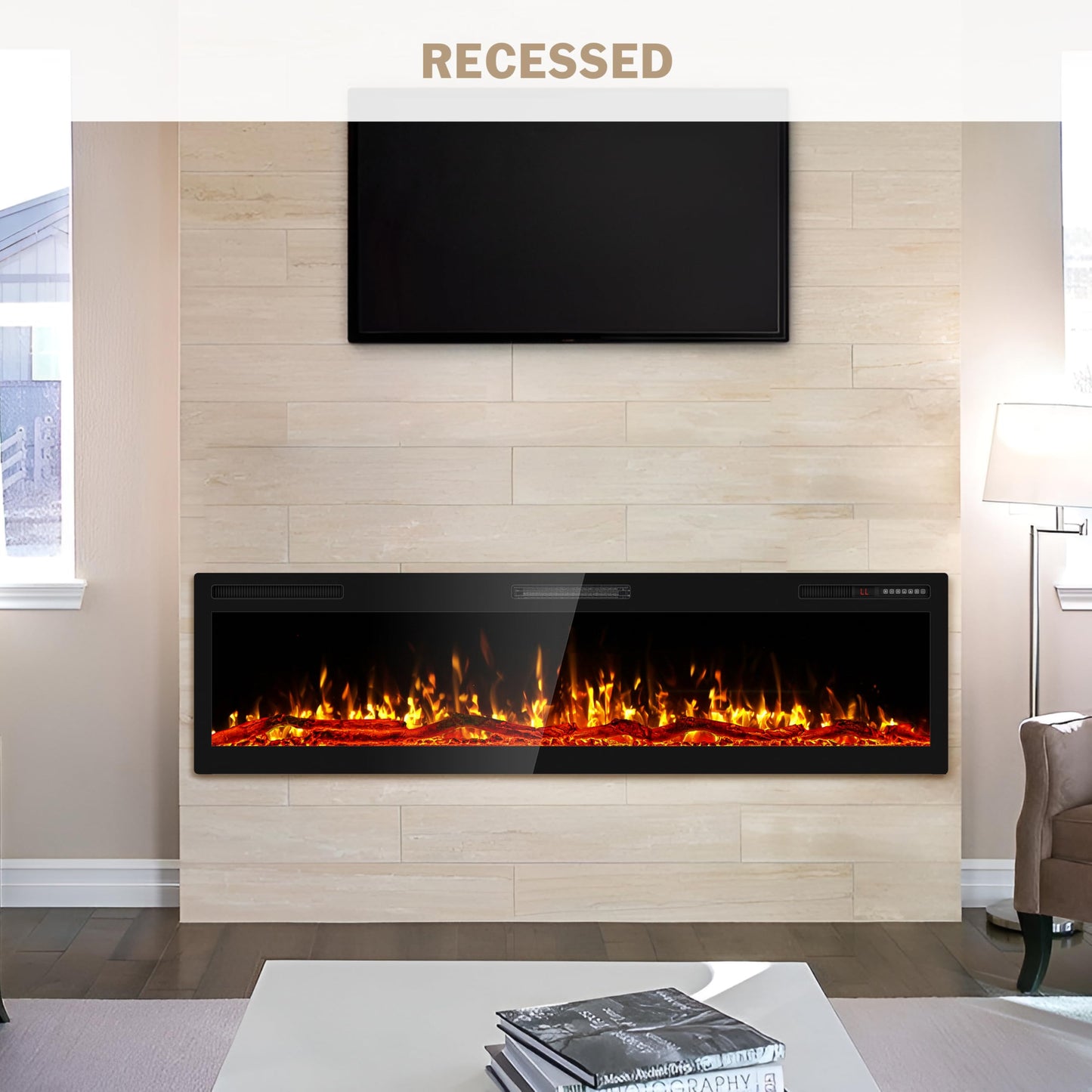 Ludatido 68 Inch Electric Fireplace Wall Mounted and Recessed with Remote Control, Color Adjustable/Realistic Flame W/Timer 1500/750W 400 sq.ft Heating Output Fireplace Heater with Log