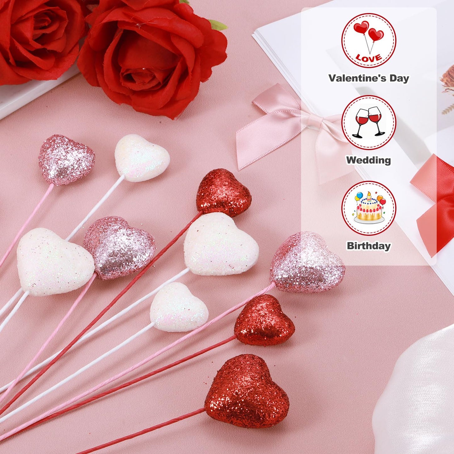 MECCANIXITY 24 Pcs Glitter Heart Shaped Picks Puffy Foam Hearts Floral Sparkly Stick for Valentine's Day Wedding Decorations Home Vase Supplies Flower Arrangements Crafts (Red, 4cm x 22cm)