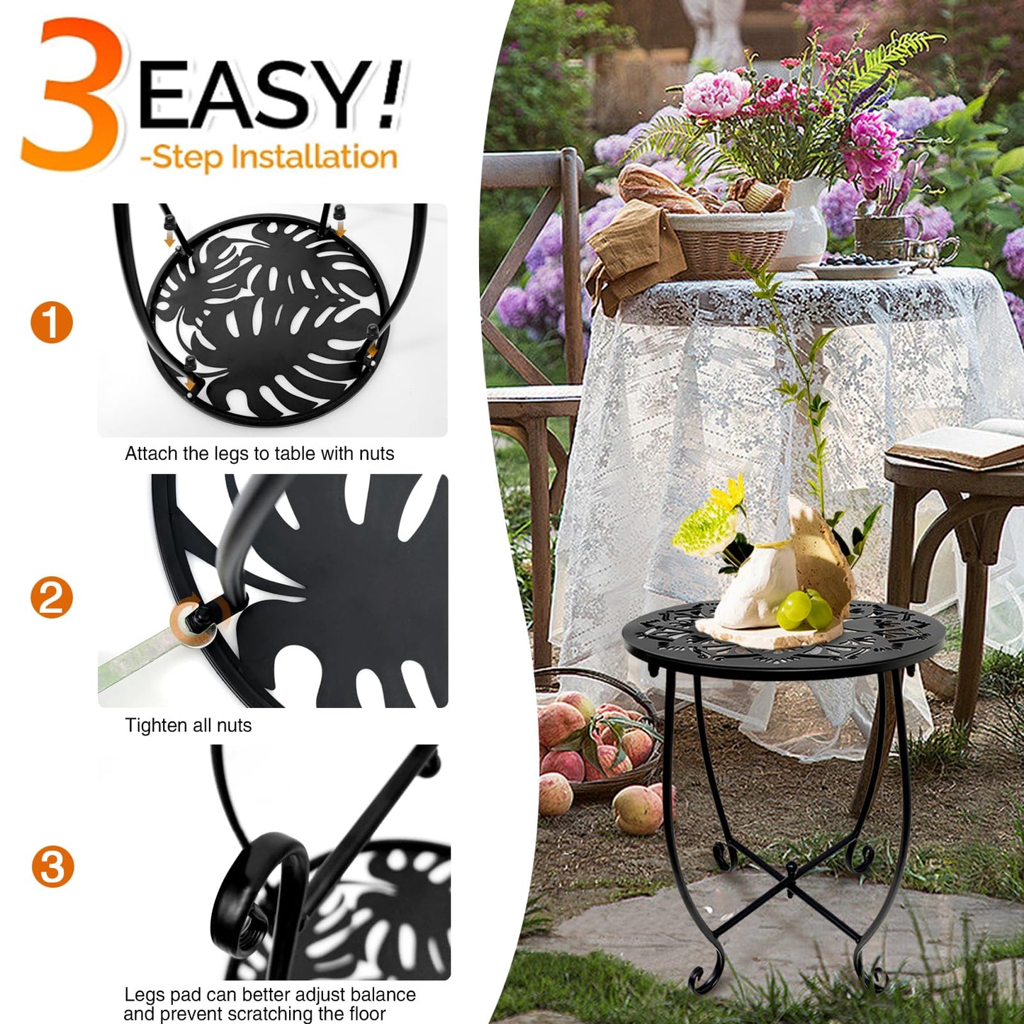 Fashion&cool Outdoor Side Tables, 14 Inch Rust-Resistant Metal Side Table for Outdoor, Round End Table Side Table for Patio Yard Porch Balcony Garden Bedside, Plant Stand (Black)