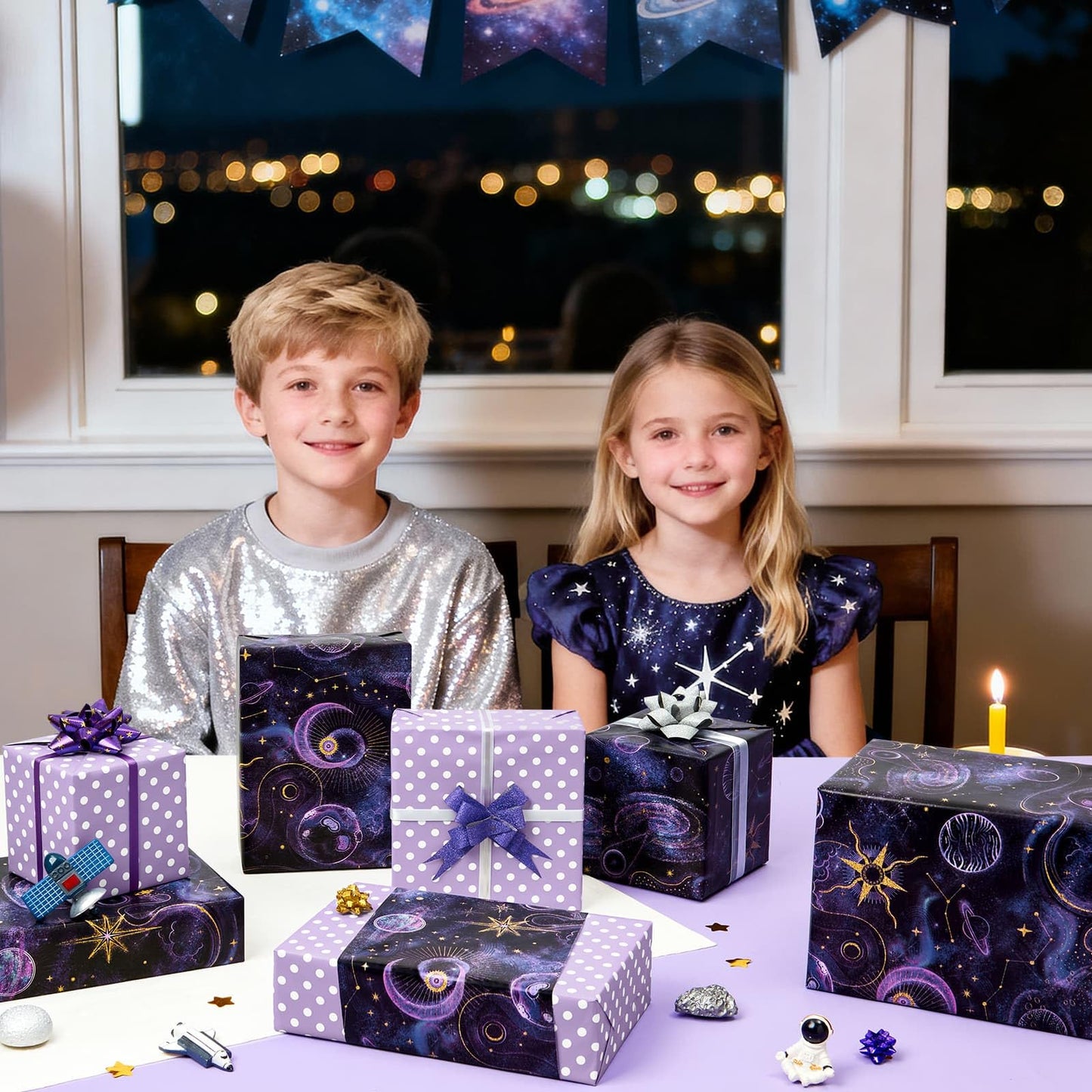 WERNNSAI Galaxy Wrapping Paper Roll - 1 Roll 17” x 33 ft Purple Dark Night Sky Nebula Star Wrapping Paper for Boys Girls Reversible Polka Dot Design Gift Wrap for Birthday Holiday Baby Shower Party Favors