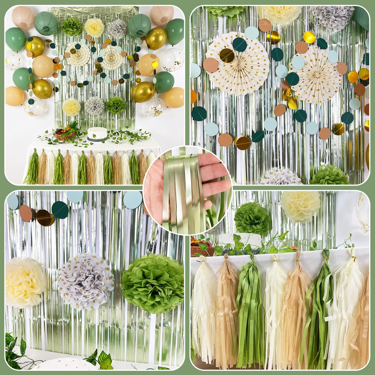 Sage Green Party Decorations Birthday Party Decorations Bridal Shower Balloons Paper Pompoms Fringe Curtain for Birthday Baby Shower Bridal Shower Supplies