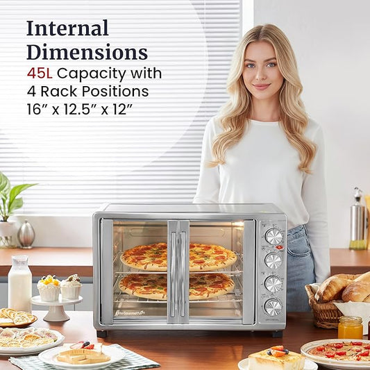Elite Gourmet ETO4510B# French Door 47.5Qt, 18-Slice Convection Oven 4-Control Knobs, Bake Broil Toast Rotisserie Keep Warm, Includes 2 x 12" Pizza Racks, Stainless Steel