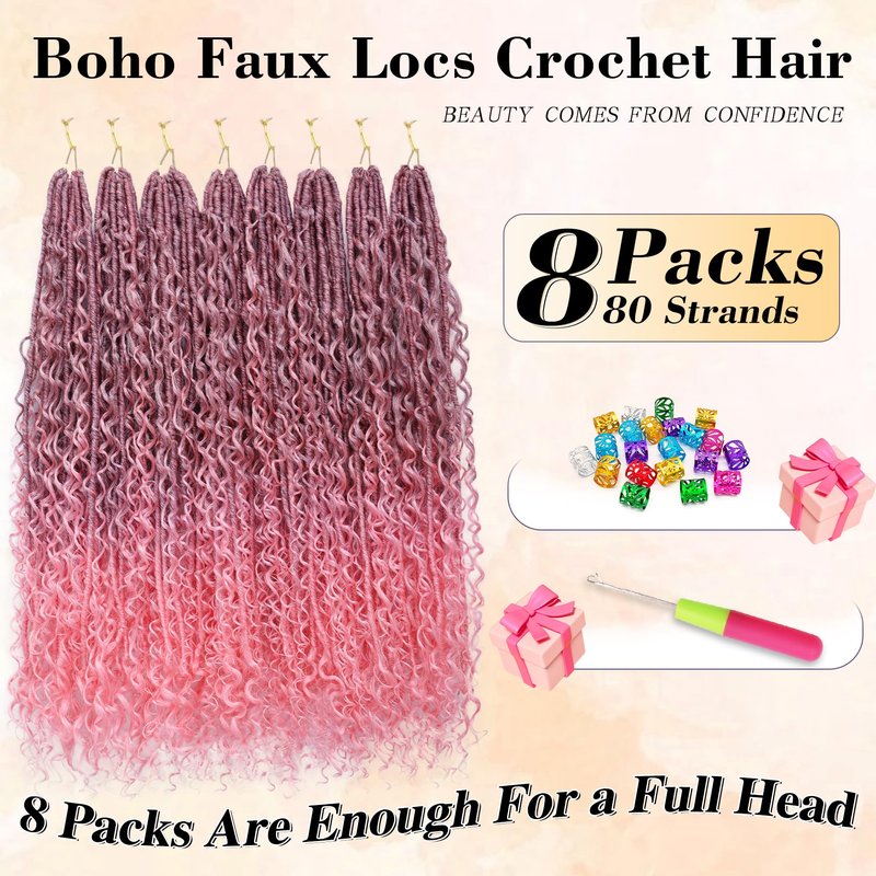 Goddess Locs Crochet Hair for Black Women-30inch Faux Locs Crochet Hair 8 Packs Synthetic Pre-Looped with Curly Ends(8Pack,30inch,TPink)