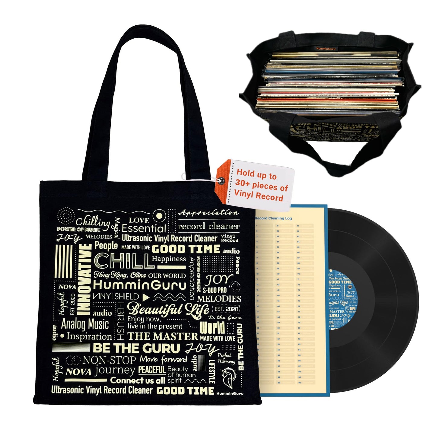 HumminGuru Heavy-Duty Vinyl Record Tote Bag | 16oz Premium Cotton Canvas LP Carrier | Holds 30+ Albums, 17” Laptop & Accessories | Ergonomic Shoulder Strap for Digging & Travel