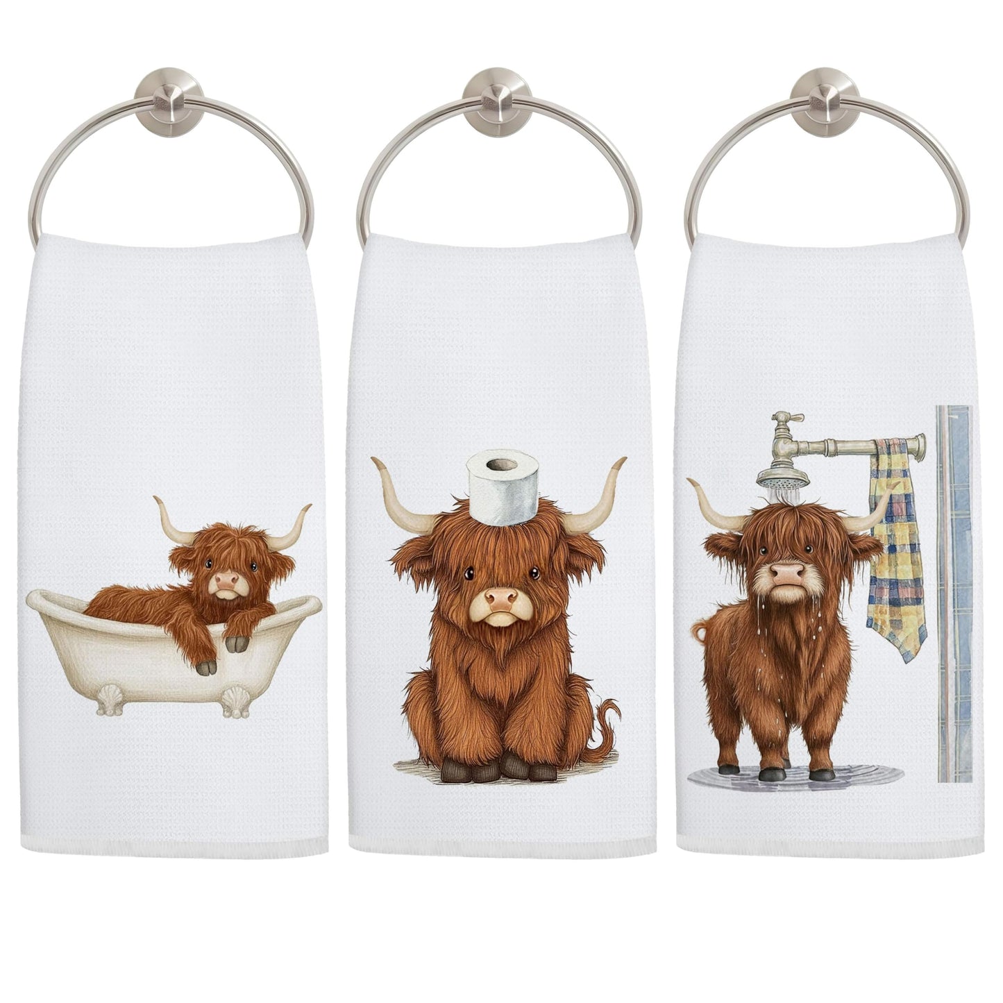 LADOCK Funny Highland Cow Bathroom Hand Towels, Highland Cow Gifts for Women, Humor Farm Animal Heifer Decorative Hand Towels for Bathroom Washroom Restroom, 16x24 Inch Set of 3