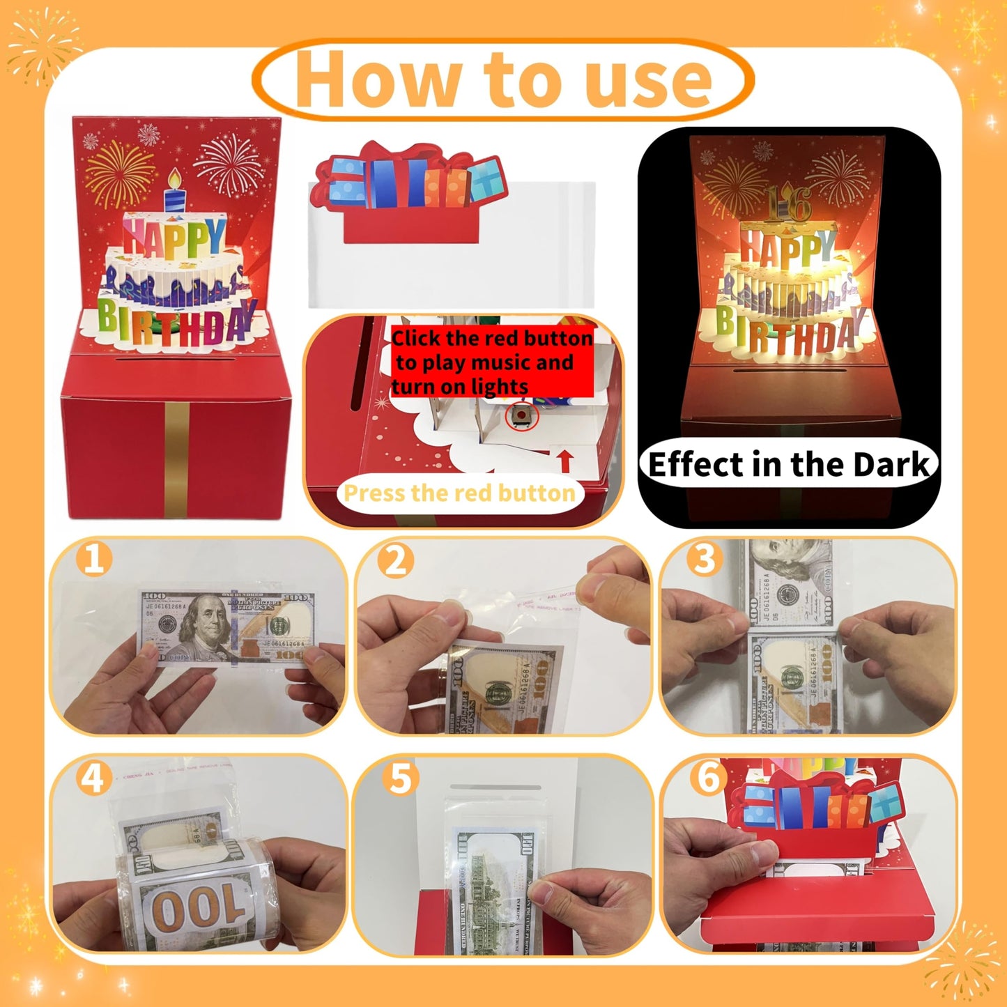 JINSTABAG Birthday Money Box for Cash Gift, Money Pull Box with Music Light 3D Cake and DIY Number Placard for Any Age, Birthday Decorations for Boys Girls Kids Adult (Red)