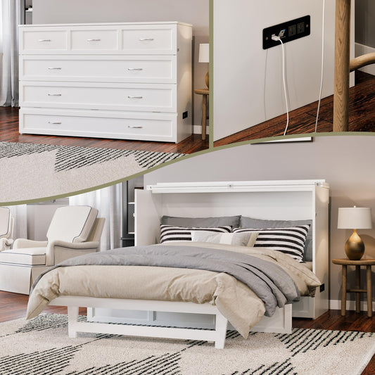 AFI Northfield Queen Size Murphy Bed Chest with Mattress, Storage, & Built-in Charger in White