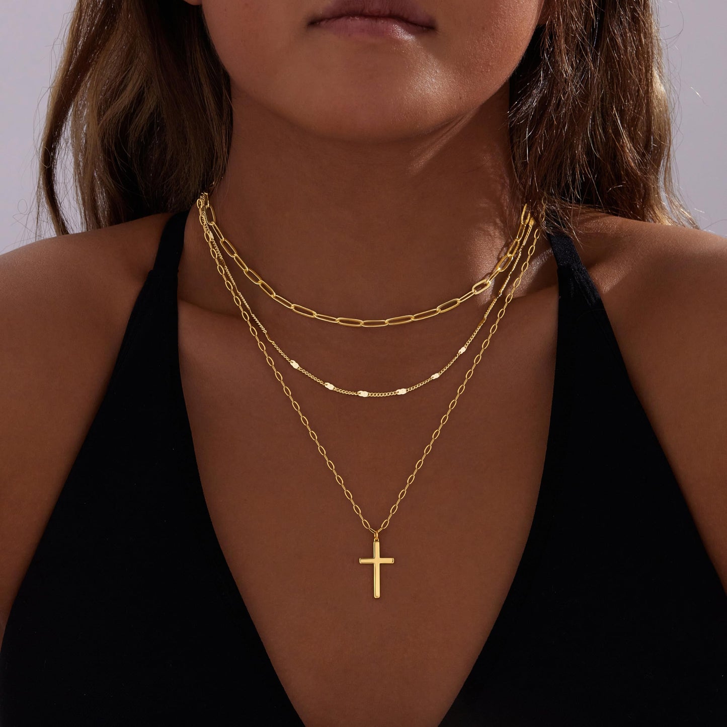 Layered Gold Cross Necklaces for Women,14k Gold Plated Dainty Stackable Choker Paperclip Necklaces for Women,Trendy Layering Thin Cross Pendant Chain Necklace Set Jewelry Gifts for Women