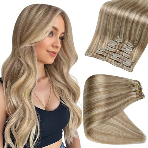 Full Shine Human Hair Clip in Extensions Balayage Seamless Hair Extensions Clip ins Golden Blonde Mix Light Blonde Real Hair Extensions for Women 18 Inch 8 PCS 120 G