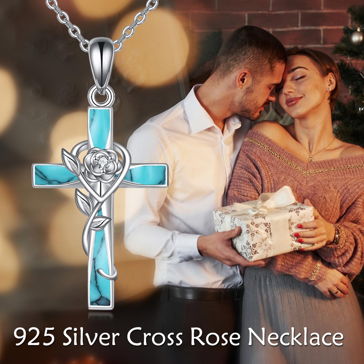 ONEFINITY Turquoise Cross Necklace 925 Sterling Silver Rose Flower Cross Pendant Turquoise Jewelry Gifts For Women